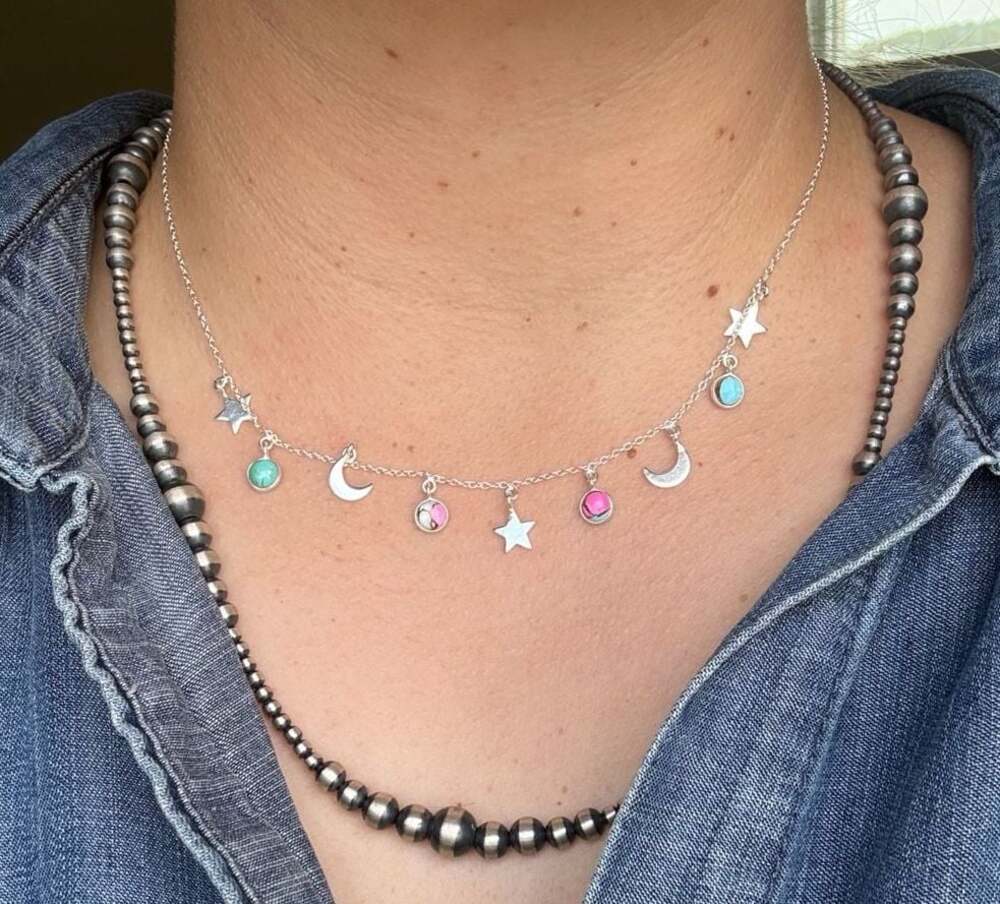 Silver Cotton Candy Kingman Turquoise Celestial Star and Moon Charm Necklace